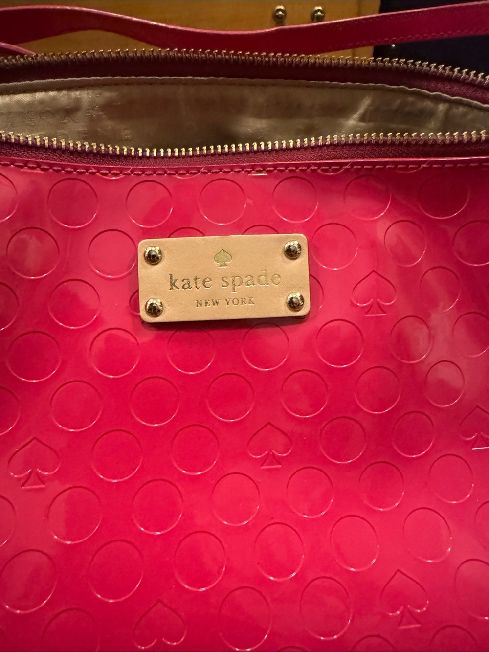 KATE SPADE Hot Pink Patent Debossed Spade Dot Medium Tote Bag Shoulder Purse